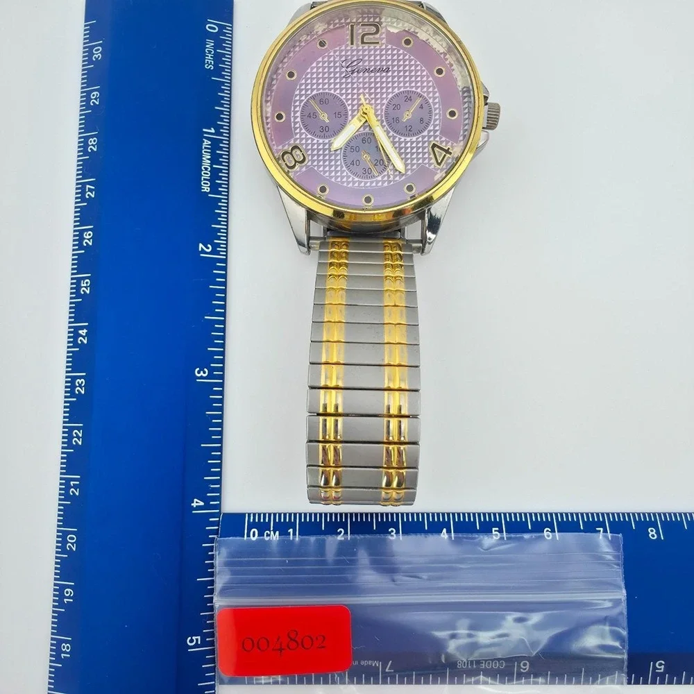 GENEVA Mens Watch Purple Dial Expansion Band Silver Gold Tone Stainless Steel 8
